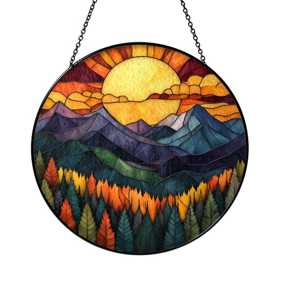 Sunset Over Mountains Stained Glass, Fall Forest Window Art Suncatcher, Nature Lover Decor