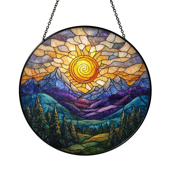Sunset Over Mountains Stained Glass Suncatcher Round Window Hanging Scenic Nature Home Accent