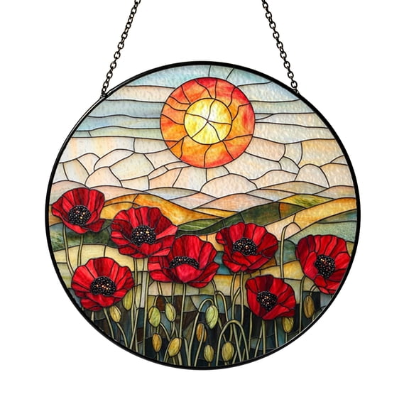 Sunset Over Mountains Stained Glass Window Hanging Suncatcher, Decorative Nature Art Panel Ornament