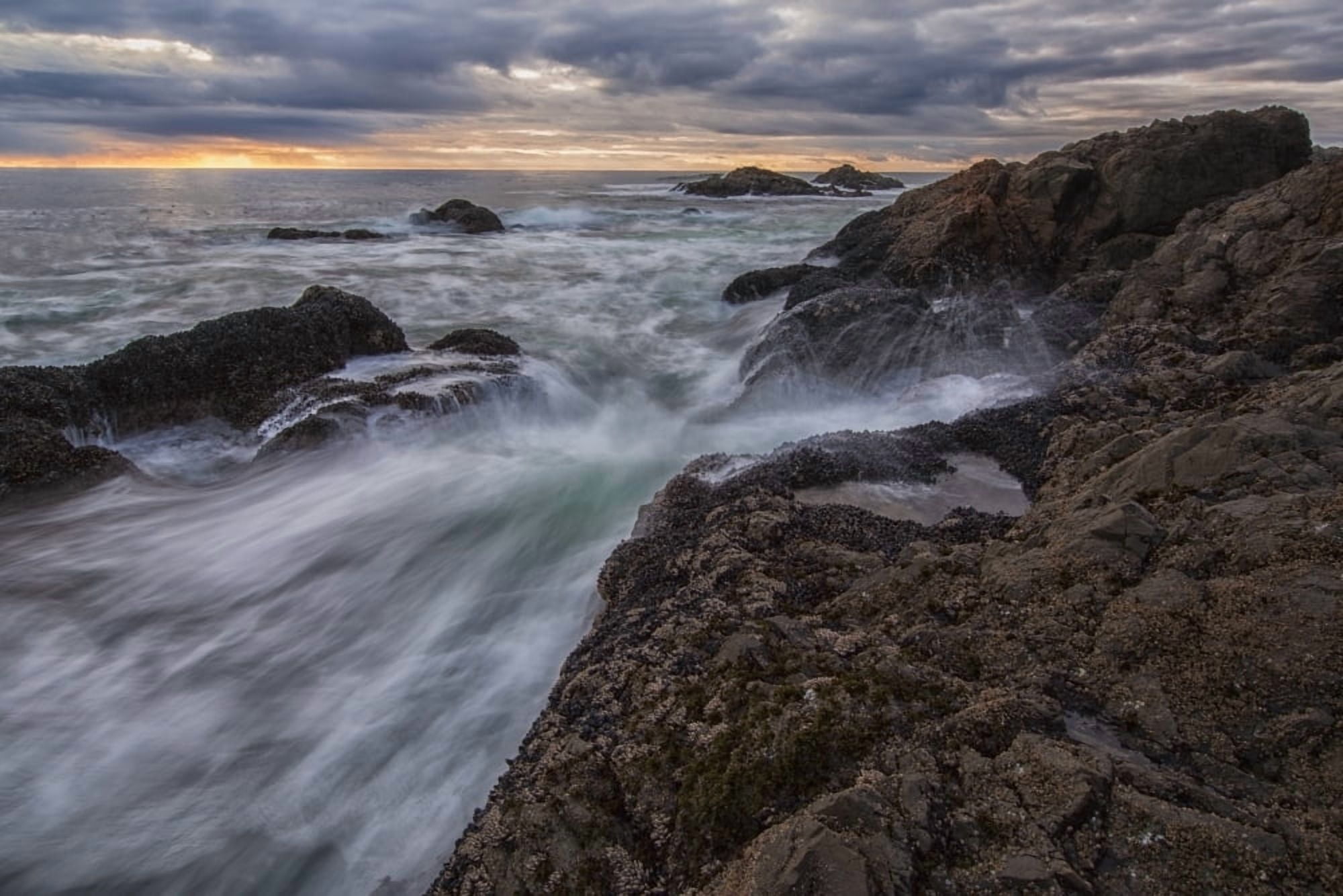 Sunset Over Ocean At Sunset And High TideUcluelet Vancouver Island British Columbia Canada Canvas Art - Robert Postma Design Pics (38 x 24)