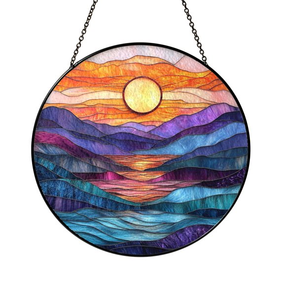 Sunset Over Ocean Stained Glass Style Window Hanging Suncatcher, Coastal Landscape Decor Panel for Beach House Accent