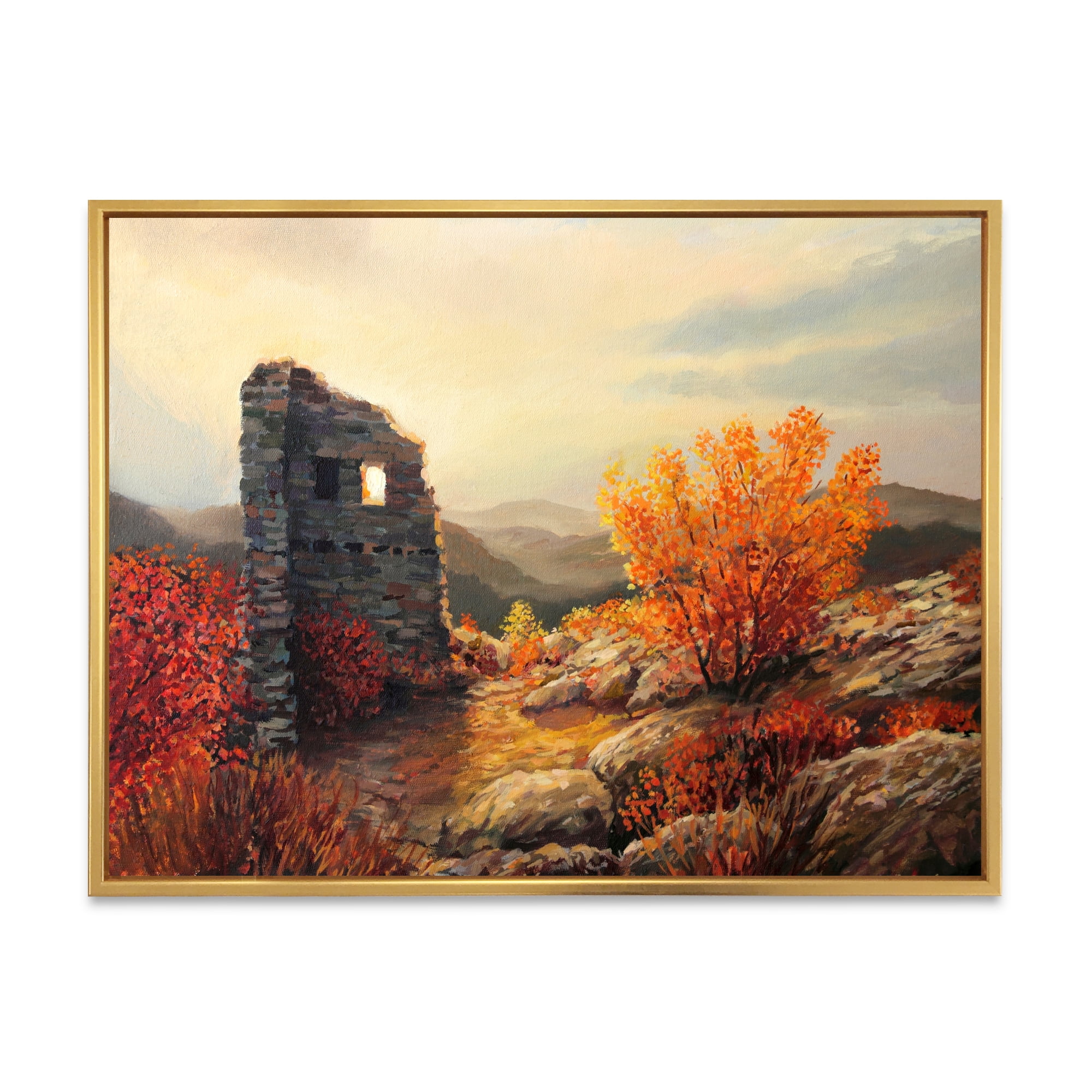 Sunset Over Old Fortress Ruins 32 in x 16 in Framed Painting Canvas Art Print, by Designart