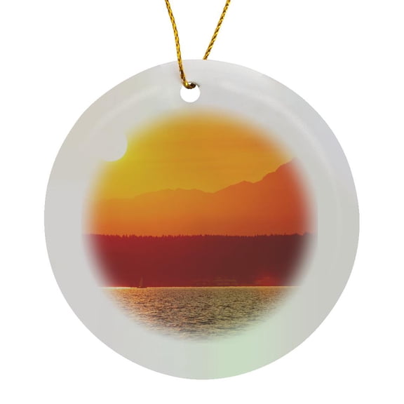 3drose, Sunset over Puget Sound, Seattle, Washington State. Brother Peak., Circle Porcelain Ornament
