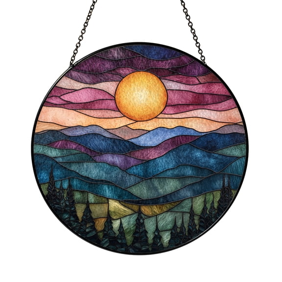 Sunset Over Rolling Hills Stained Glass Panel – Elegant Landscape Window Art