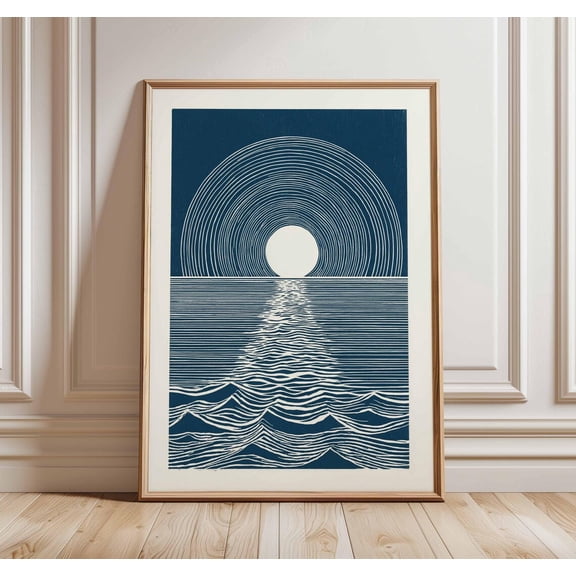 Sunset Over Sea Minimalist Navy Blue Ocean Waves Modern Geometric Unframed Paper Print