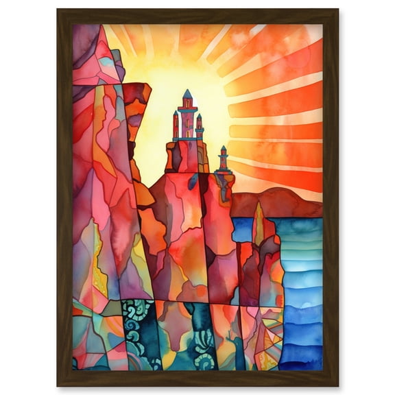 Sunset Over Temple On Cliffs Folk Art Artwork Framed Wall Art Print A4