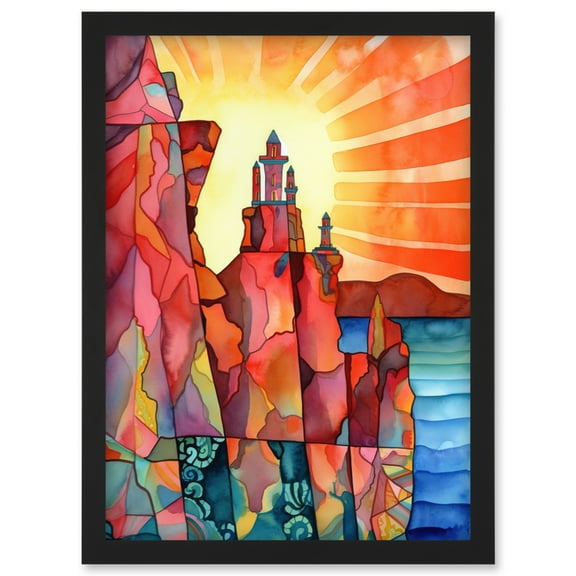 Sunset Over Temple On Cliffs Folk Art Artwork Framed Wall Art Print A4