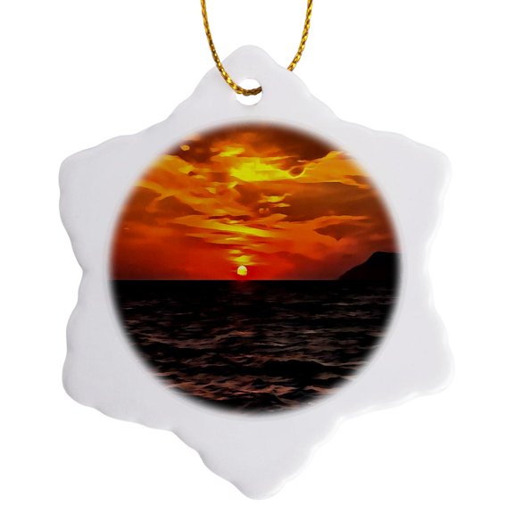 3drose, Sunset over the Aegean Sea Landscape Painting, 3 inch Snowflake Porcelain Ornament
