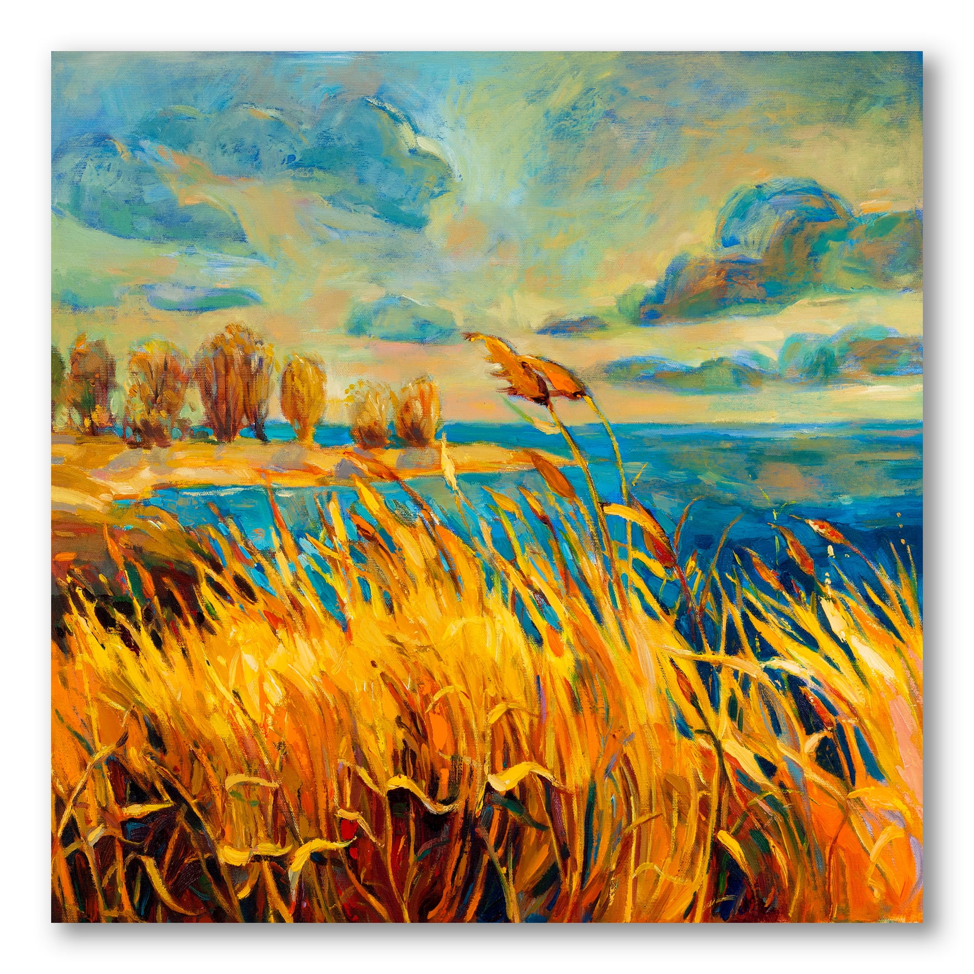 Sunset Over Vibrant Lake 30 in x 30 in Painting Canvas Art Print, by Designart