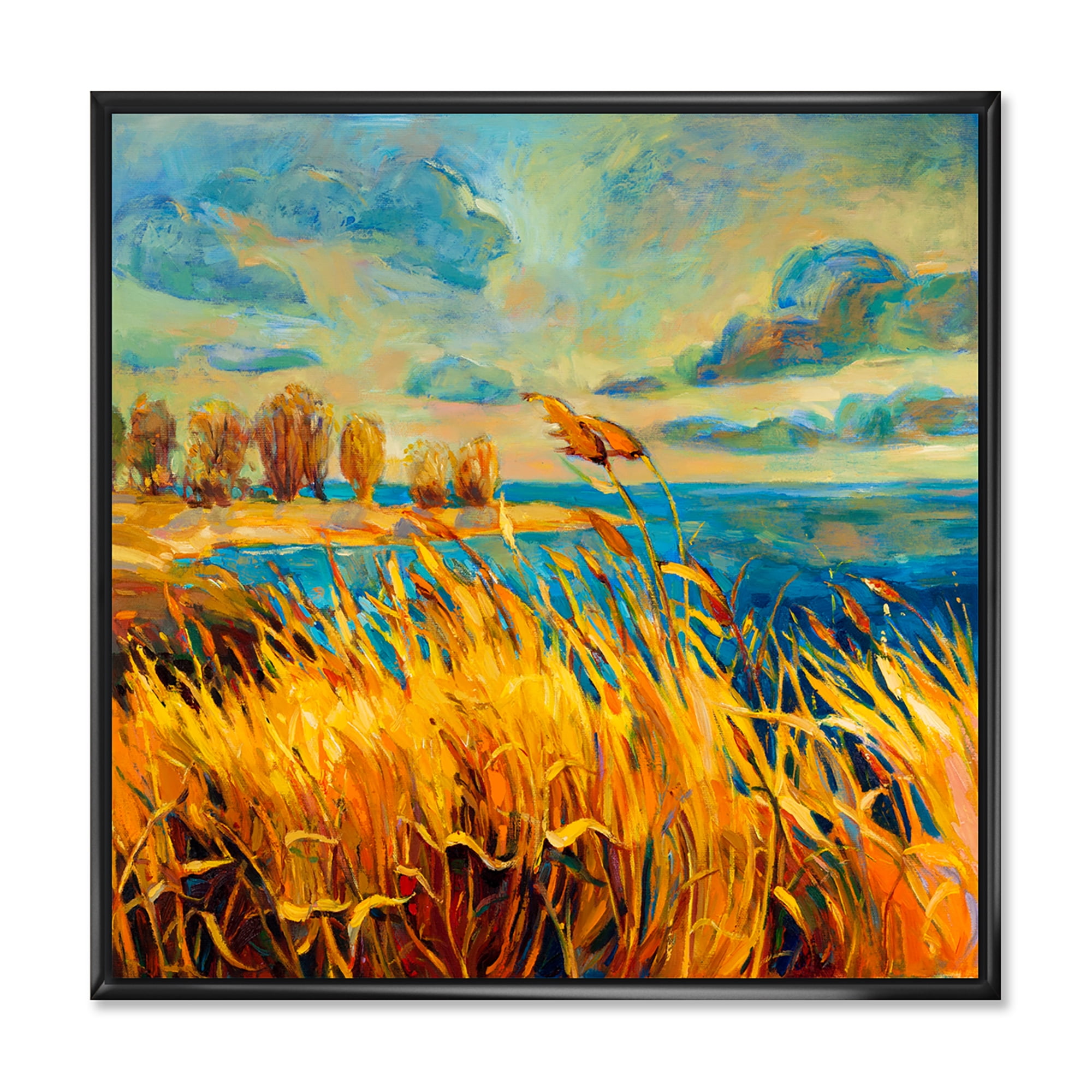Sunset Over Vibrant Lake 36 in x 36 in Framed Painting Canvas Art Print, by Designart