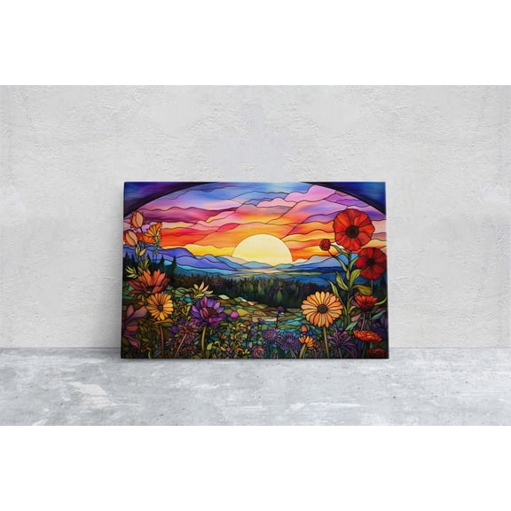 Sunset Painting Faux Stained Glass Sunrise Flower Field Mountain Portrait Decor Unframed Paper Print