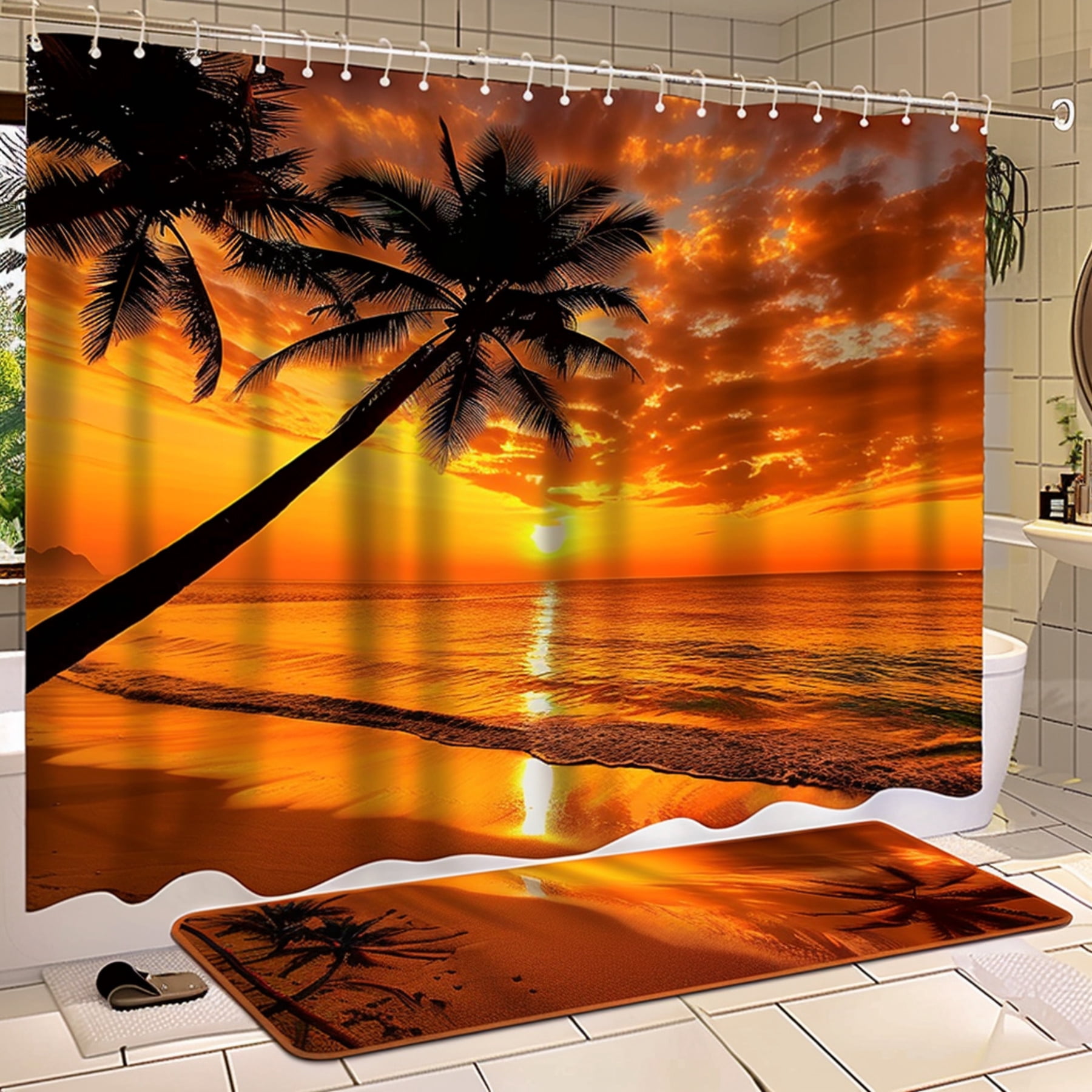 Sunset Palm Tree Beach Bathroom Set Hyper Realistic Shower Curtain