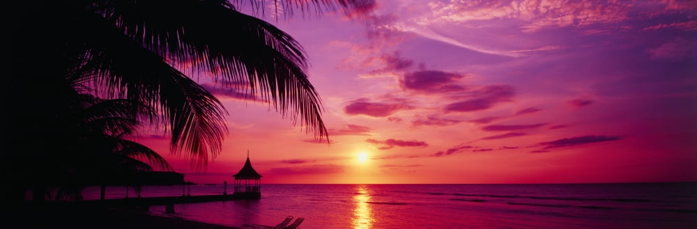 Sunset Palm Trees Beach Water Ocean Montego Bay Jamaica Canvas Art - Panoramic Images (36 x 12)