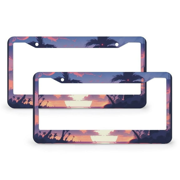 Sunset in Paradise License Plate Frames 2 PCS Sunset Tropical Ocean Palm Tree Summer Orange Sky Landscape Car License Plate Frame for Women Men Quality Aluminum License Plate Cover