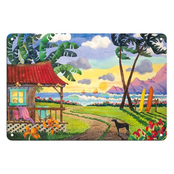 Sunset in Paradise - Tropical Beach - Hawaii - Hawaiian Islands - From an Original Watercolor Painting by Robin Wethe Altman - 8 x 12 inch Vintage Metal Tin Sign
