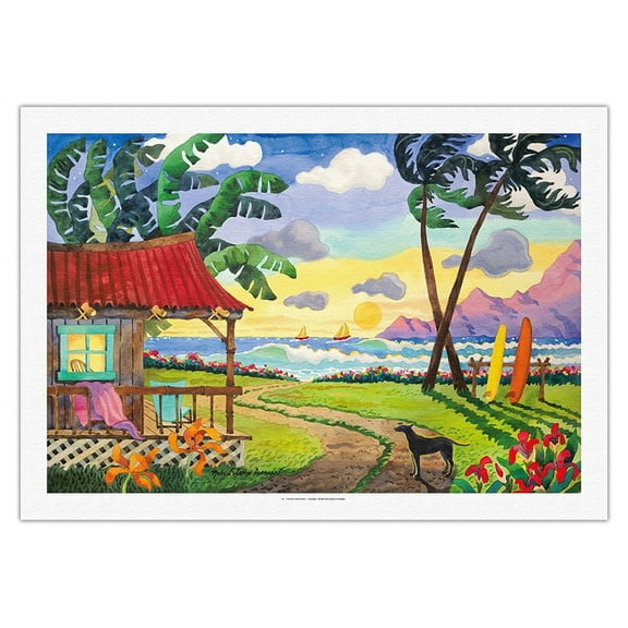 Sunset in Paradise - Tropical Beach - Hawaii - Hawaiian Islands - From an Original Watercolor Painting by Robin Wethe Altman - Fine Art Rolled Canvas Print 27in x 40in