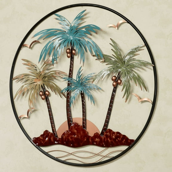 Sunset Paradise Tropical Palm Tree Fronds Round Dimensional Metal Wall Art Multi Metallic 36 in diameter