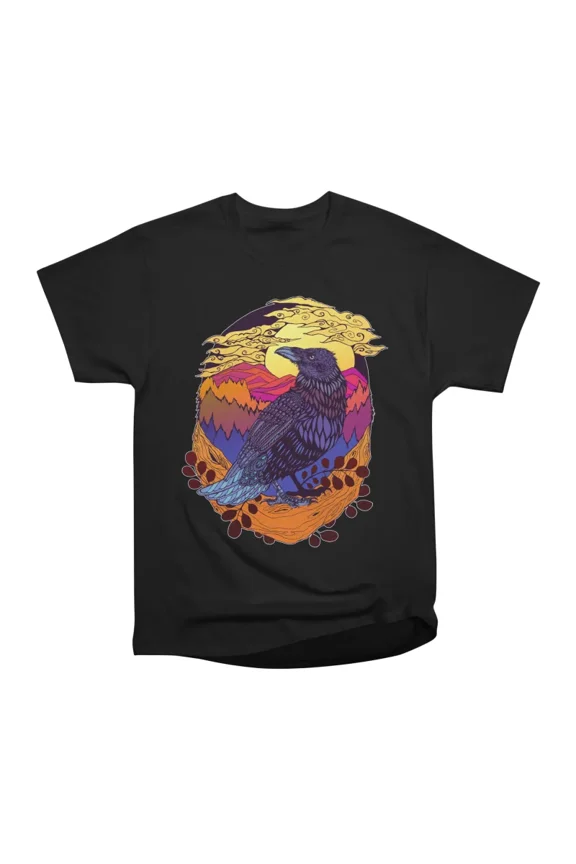Sunset Patterned Woodland Raven T-Shirt Tee Gift For Him Merch For Her Apparel For Friend