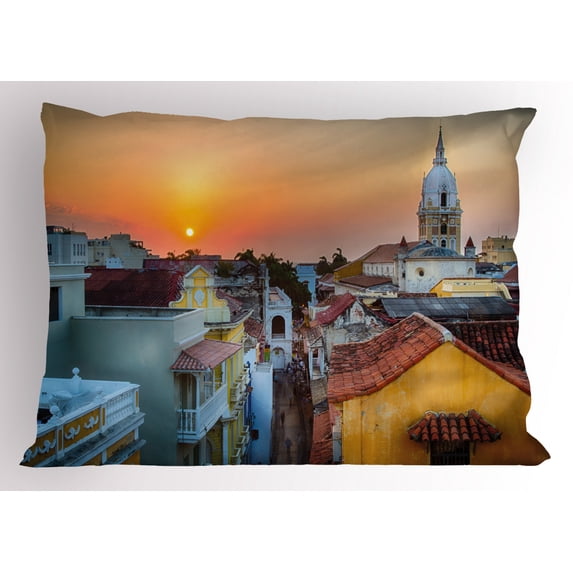 Sunset Pillow Sham View over the Rooftops of the Old City Cartagena Cathedral Colombian Coast Picture, Decorative Standard King Size Printed Pillowcase, 36 X 20 Inches, Multicolor, by Ambesonne