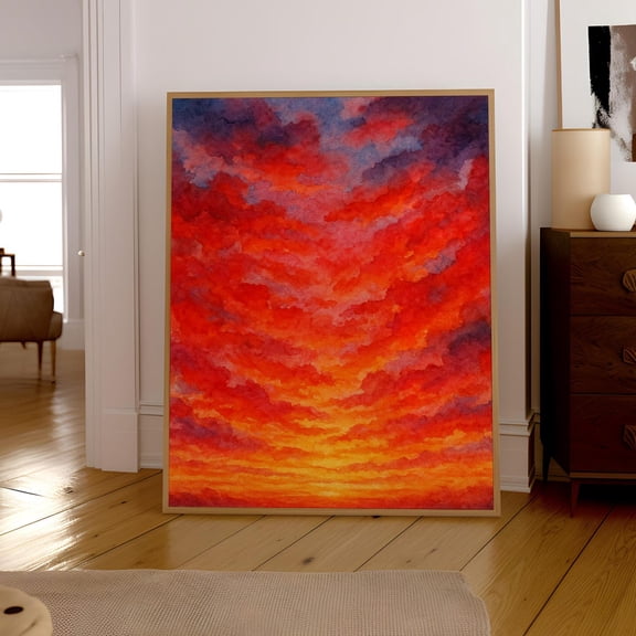 Sunset Print, Vibrant Red Orange Sky Abstract Art Home Decor #2606, Unframed Canvas Size 24x36
