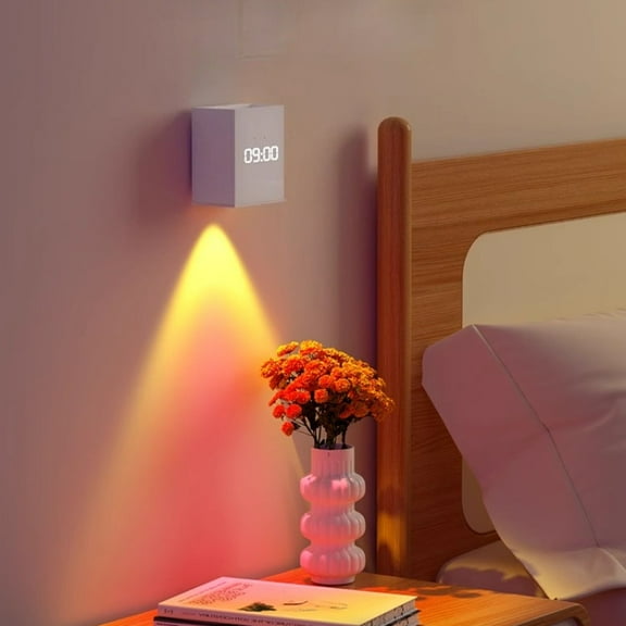 Sunset Projection Lamp with Clock, Rechargeable Night Light for Wall Decor, No-Drill Romantic Atmosphere Bedroom Living Room Light