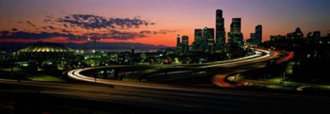 Sunset Puget Sound & Seattle skyline WA USA Canvas Art - Panoramic Images (18 x 7)