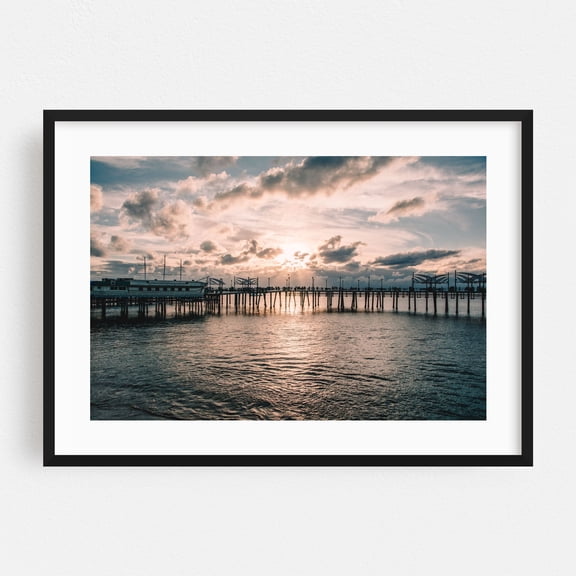 Sunset at Redondo Beach Boardwalk - Redondo Beach California Photography Sunset Boardwalk Seascape Ocean Silhouette Harbor Coastal Black Framed Wall Art Print 5 x 7 inches