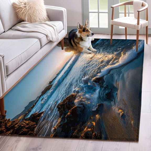 Sunset Reef Area Rugs 3x5 ft Seaside Reef Ocean Waves Shiny Sunset Washable Rug Non Slip Indoor Carpet Absorbent Floor Mat for Living Room Bedroom Dining Room