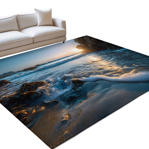 Sunset Reef Area Rugs 6x9ft Seaside Reef Ocean Waves Shiny Sunset Floor Rug Non Slip Low Pile Ultra Soft Throw Carpet for Entryway Indoor Entrance Kitchen Bathroom