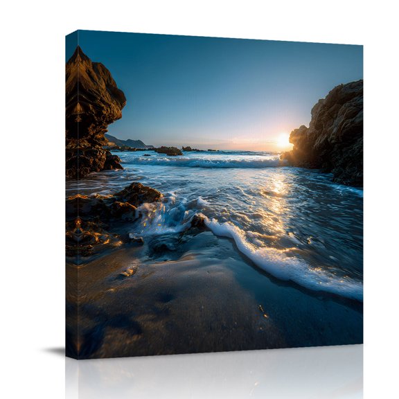 Sunset Reef Canvas Wall Art for Living Room, Seaside Reef Ocean Waves Shiny Sunset Poster Print Painting for Bedroom Office Home Decoration Wall Pictures Prepare To Hang 8"x8"