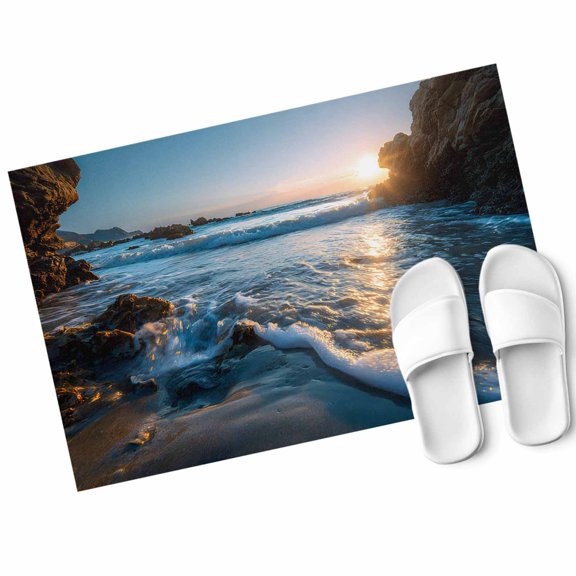 Sunset Reef Door Mat Seaside Reef Ocean Waves Shiny Sunset Non Slip Absorbent Entrance Mat Washable Low Profile Indoor Doormat for Front Door Entryway Entry 16"x24"