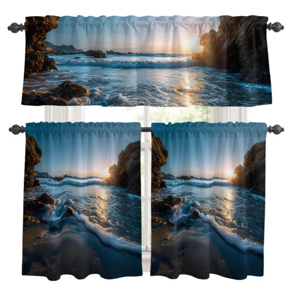 Sunset Reef Kitchen Curtains Set for Windows, Seaside Reef Ocean Waves Shiny Sunset Curtains Valance and Tier 3 Piece Set Small Drapes 24 Inch Length for Kitchen Bedroom Decor