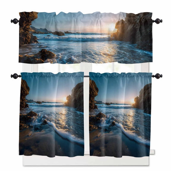 Sunset Reef Kitchen Curtains Valance and Tier Set Seaside Reef Ocean Waves Shiny Sunset Rod Pocket Short Curtains for Small Window 3 Pieces Set for Bedroom Bathroom Cafe (54" x 18"+27" x 24")