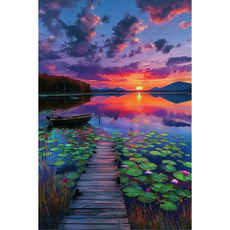 Sunset Reflection In The Lake Diamond Art Kits For Adults, Diy Round Full Drill 5d Diamond Painting Kits For Beginners, Diamond Dots Paintings Gem Art Kits For Adults, Home Wall Decor 12x12 Inch