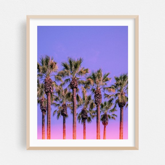 Sunset Retro Palms - Athens Greece Photography Palm Tree Tropical Pastel Nature Sunset Minimalist Summer Oak Framed Wall Art Print 18 x 24 inches