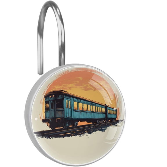 Sunset Retro Train on Rail Shower Curtain Hooks Round Crystal Glass, Set of 12 Shower Curtain Rings - Shower Hooks for Curtain Shower Rings