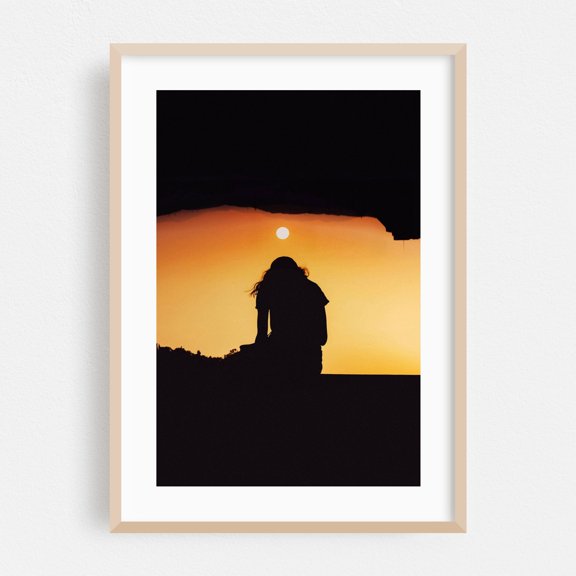 Sunset Reverie - Athens Greece Photography Silhouette Sunset Minimalist Scenic Moody Nature Abstract Oak Framed Wall Art Print 24 x 36 inches