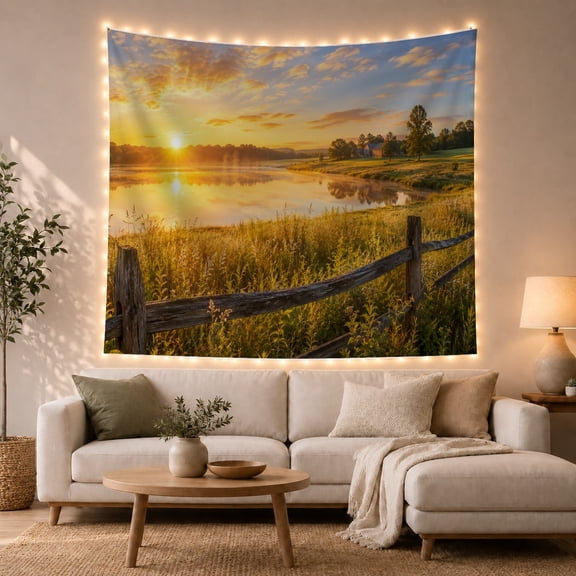 Sunset River Landscape With Pastoral Fields, Serene Farmhouse for Nature Lovers, Farmhouse Wall Art, Thanksgiving Hostess Gift, Tapestry Wall Hanging for Living Room and Bedroom