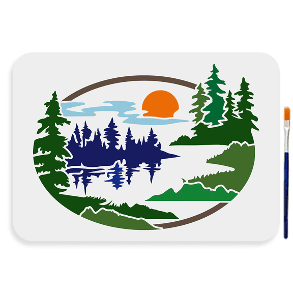 Sunset River Tree Stencils 11.78.3inch Large Nature Forest Scene Stencil with Paint Brush Oval Sun Cloud Lake Template Window Furniture