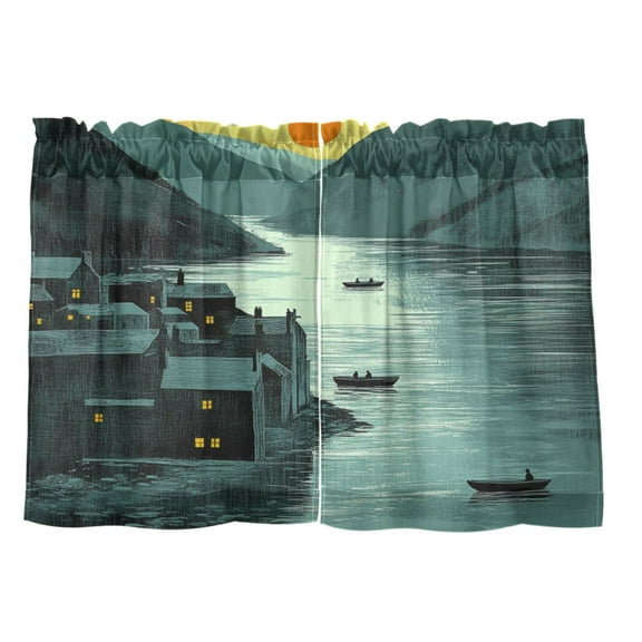 Sunset Riverside Town 27"x24" Linen Look Cafe Curtain Set with Privacy and UV Protection