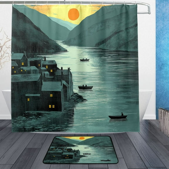 Sunset Riverside Town Bathroom Accessory Sets Waterproof Shower Curtain with Anti-Slip Bath Mat Durable Combo