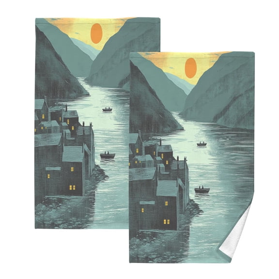 Sunset Riverside Town Set of 2 Pure Cotton Towels, 16'' x 28'', Highly Absorbent and Soft