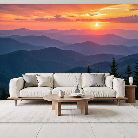 Sunset Rolling Mountains Wallpaper Silhouetted Pine Trees Autumn Peel and Stick Wall Murals 69"H x 96"W Removable PVC Wall Paper Self-Adhesive Wall Decor for Bedroom Living Room