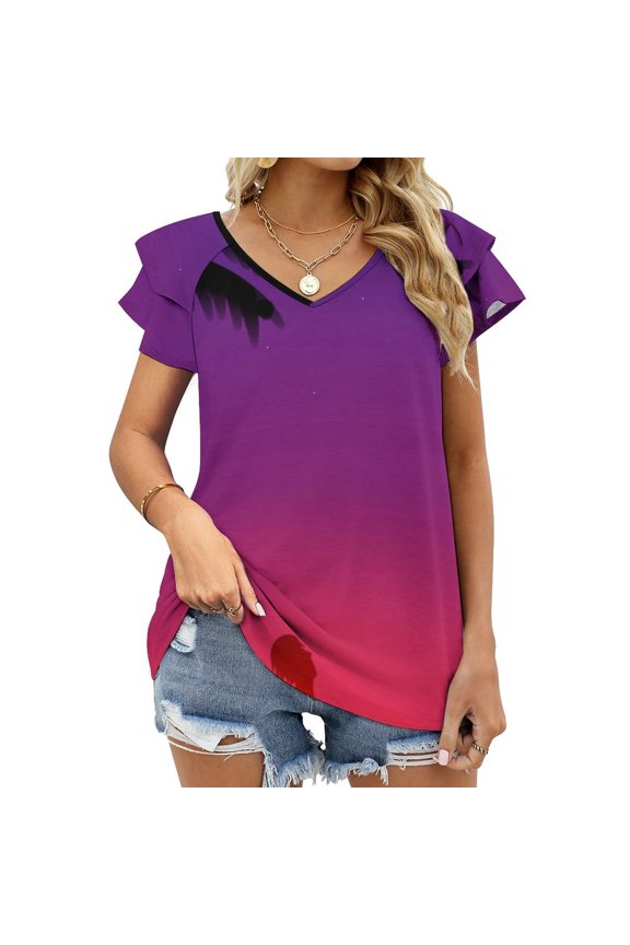 Sunset Ruffle Short Sleeve T Shirts Summer V Neck Tops Fashion Casual Tee Shirt Beach Sunset Surf Palm Tree Sun Sea Sky Night