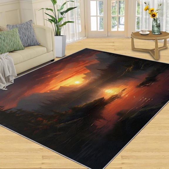 Sunset Rugs for Bedroom - Landscape Rug, Bathroom Rug, Forest Carpet for Living Room, Scenery Area Rugs, Nature Landscape Carpet, Mountains Home Decor & Gifts 2x3ft