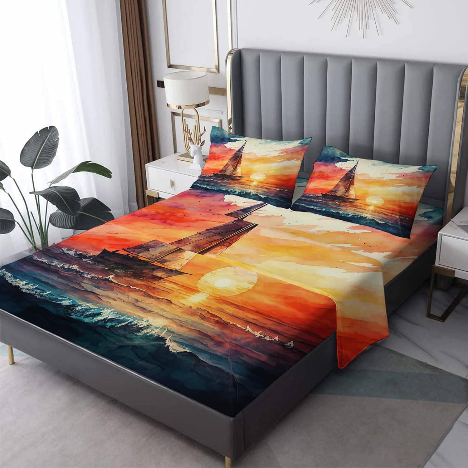 Sunset Sailboat Split King Sheets Sets For Adjustable Bed, Art