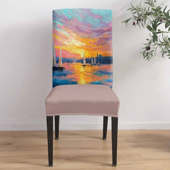 Sunset Sailboats Dining Chair Covers Set of 1, Abstract Tropical Sea Sunset Chair Covers for Dining Room Removable Seat Protectors Slipcovers for Home Party Wedding Banquet