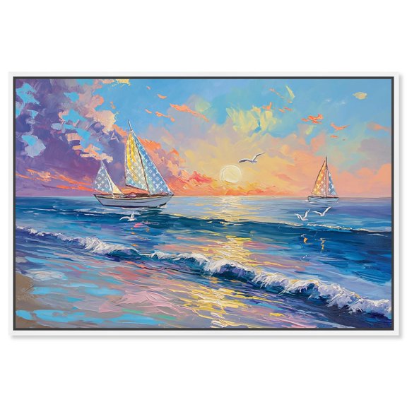 Sunset Sailboats II Canvas Glam Beach Wall Art by Art Remedy, White Frame, 30" x 20"