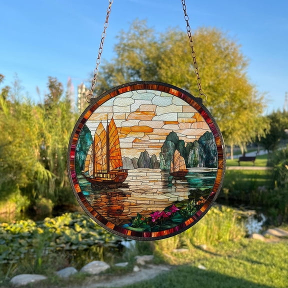 Sunset Sailboats Painted Glass Suncatcher, Window Hanging Decor, Outdoor Sun Catcher Decor, Ocean Wall Decor, Sailboats Art, Suncatcher Window Hanging, 3.5 in