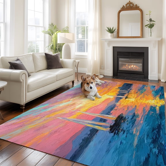 Sunset Sailboats Washable Area Rug 8x10 Abstract Tropical Sea Sunset Low-Profile Large Area Rugs with Non Slip Backing Indoor Floor Carpet for Entrance Living Room Bedroom Home Office